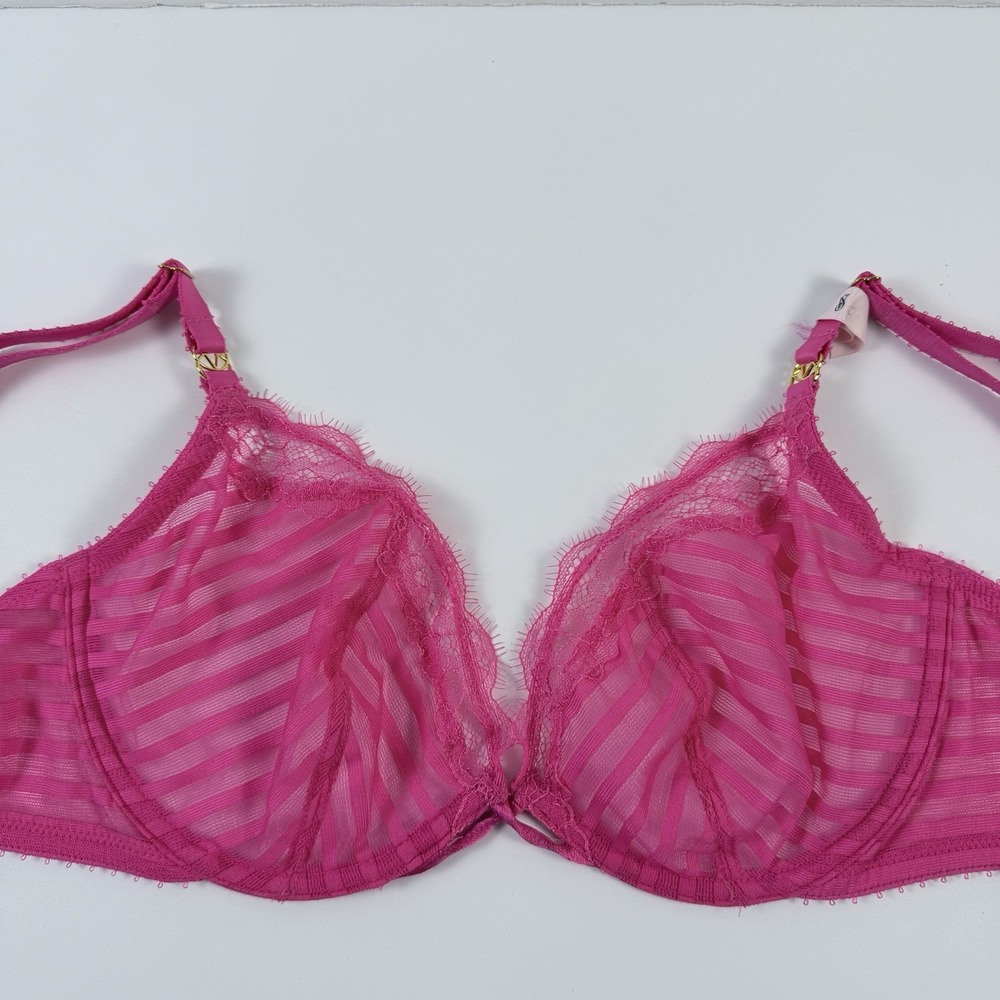 Victoria's Secret Tease Unlined Sheer Stripe Lace Demi Underwire Bra Pink 36C